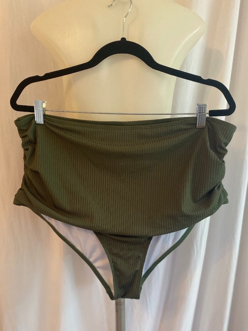 YONIQUE Olive Green Ribbed High Waisted Ruched Bikini Bottom XL
